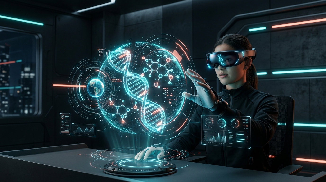 A learner exploring an interactive lesson through a mixed-reality headset